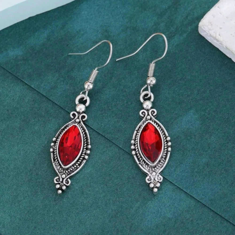 Silver Red Crystal Victorian Drop Earrings - Picture 3 of 6